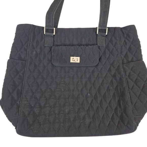 Vera Bradley Black Quilted Tote Bag With Turn Lock Closure Pockets - Picture 2 of 7